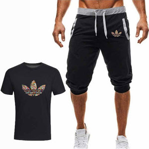 Summer Hot Sale Men's Sets T Shirts+Cropped Trousers Two Pieces Sets Casual Tracksuit New Male Casual Tshirt Gyms Fitness  Men