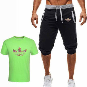 Summer Hot Sale Men's Sets T Shirts+Cropped Trousers Two Pieces Sets Casual Tracksuit New Male Casual Tshirt Gyms Fitness  Men