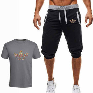 Summer Hot Sale Men's Sets T Shirts+Cropped Trousers Two Pieces Sets Casual Tracksuit New Male Casual Tshirt Gyms Fitness  Men