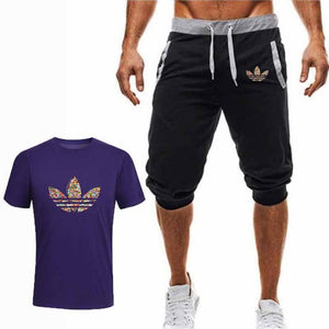 Summer Hot Sale Men's Sets T Shirts+Cropped Trousers Two Pieces Sets Casual Tracksuit New Male Casual Tshirt Gyms Fitness  Men