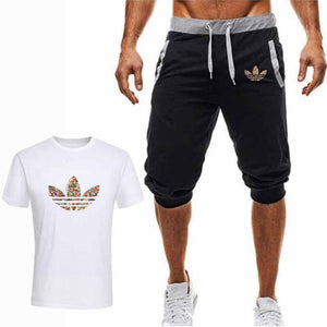 Summer Hot Sale Men's Sets T Shirts+Cropped Trousers Two Pieces Sets Casual Tracksuit New Male Casual Tshirt Gyms Fitness  Men