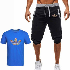 Summer Hot Sale Men's Sets T Shirts+Cropped Trousers Two Pieces Sets Casual Tracksuit New Male Casual Tshirt Gyms Fitness  Men