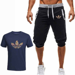 Summer Hot Sale Men's Sets T Shirts+Cropped Trousers Two Pieces Sets Casual Tracksuit New Male Casual Tshirt Gyms Fitness  Men