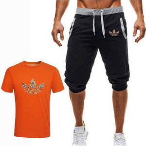 Summer Hot Sale Men's Sets T Shirts+Cropped Trousers Two Pieces Sets Casual Tracksuit New Male Casual Tshirt Gyms Fitness  Men