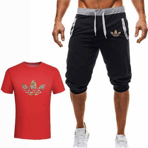 Summer Hot Sale Men's Sets T Shirts+Cropped Trousers Two Pieces Sets Casual Tracksuit New Male Casual Tshirt Gyms Fitness  Men