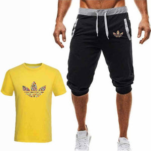 Summer Hot Sale Men's Sets T Shirts+Cropped Trousers Two Pieces Sets Casual Tracksuit New Male Casual Tshirt Gyms Fitness  Men