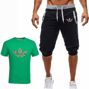 Summer Hot Sale Men's Sets T Shirts+Cropped Trousers Two Pieces Sets Casual Tracksuit New Male Casual Tshirt Gyms Fitness  Men