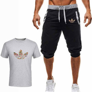 Summer Hot Sale Men's Sets T Shirts+Cropped Trousers Two Pieces Sets Casual Tracksuit New Male Casual Tshirt Gyms Fitness  Men